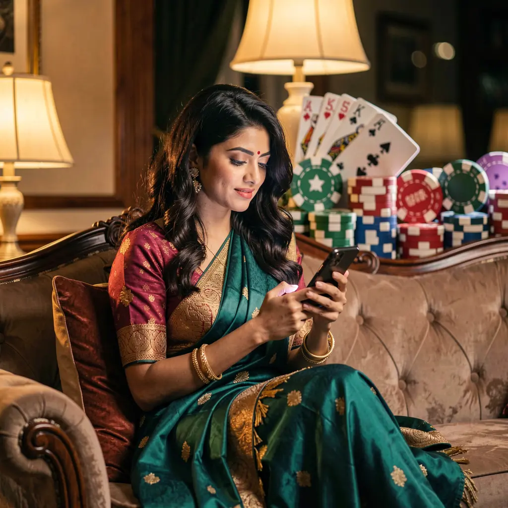 Elegant Bangladeshi woman relaxing on a sofa while using the 786JL casino app with glowing chips and cards creating a premium mobile gaming mood