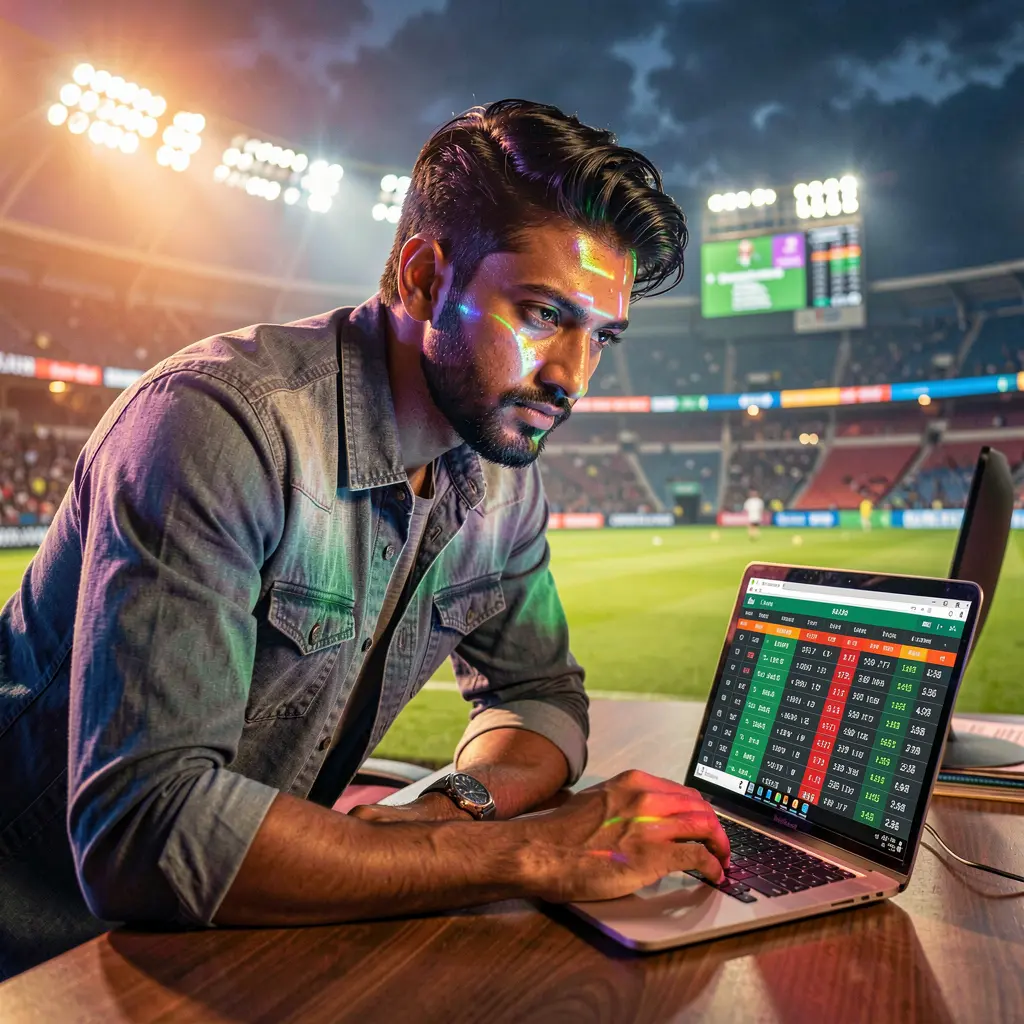 Focused Bangladeshi sports bettor analyzing live cricket odds on a laptop with vibrant stadium lighting while using 786JL