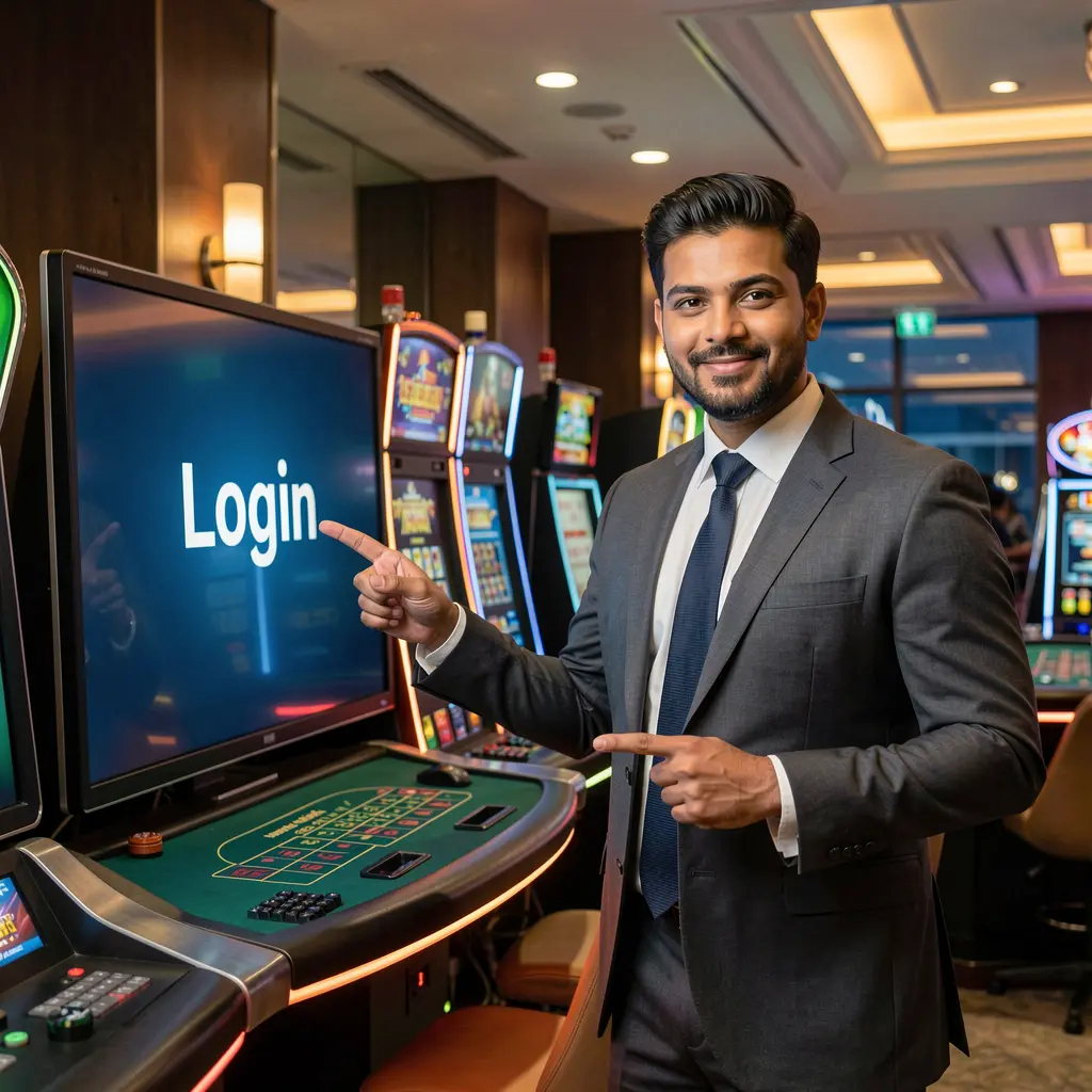 Stylish Bangladeshi casino representative pointing at a glowing login screen in a premium gaming environment at 786JL