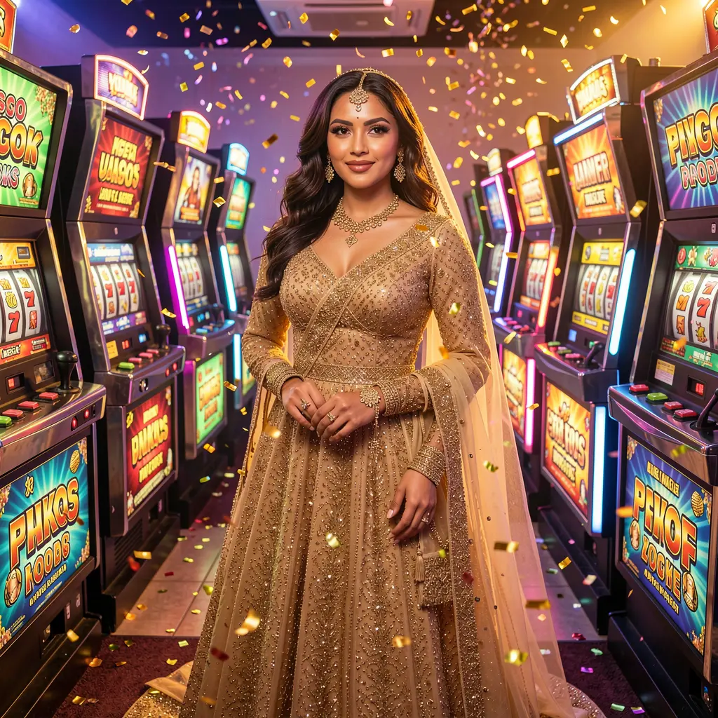 A glamorous casino scene with a luxury slot machine display and a confident woman in a golden dress highlighting the premium slot experience at 786JL for players in Bangladesh